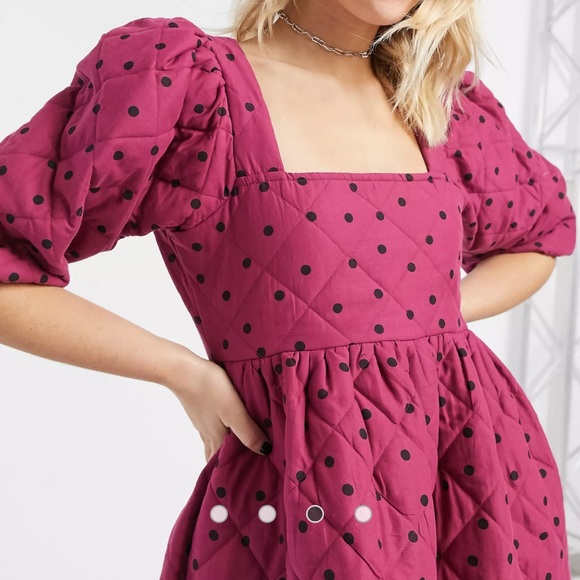 Asos Quilted Raspberry Polka Dot Babydoll Dress, US 4 - Picture 8 of 13